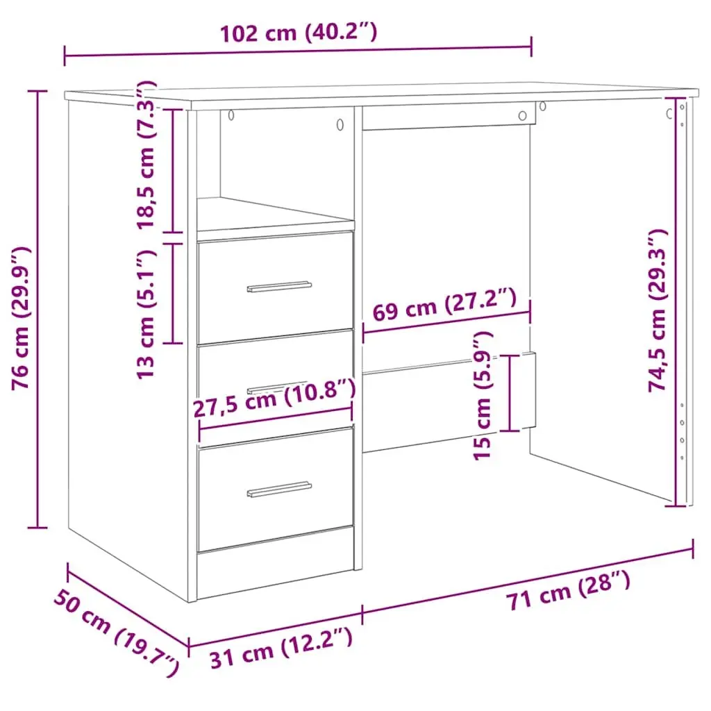 Black Office Desk Engineered Wood with Open Compartment and 3 Drawers for Study Space 102x50x76cm