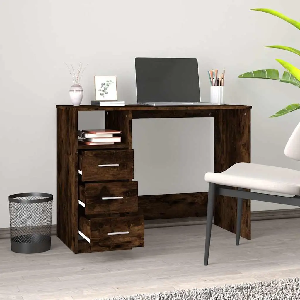 Office Desk Brown Engineered Wood 3 Drawers Open Compartment