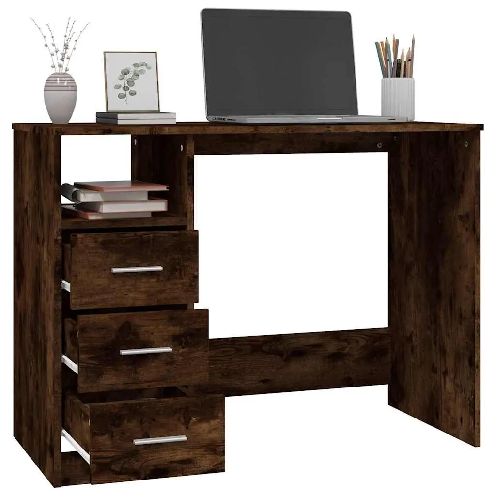 Office Desk Brown Engineered Wood 3 Drawers Open Compartment
