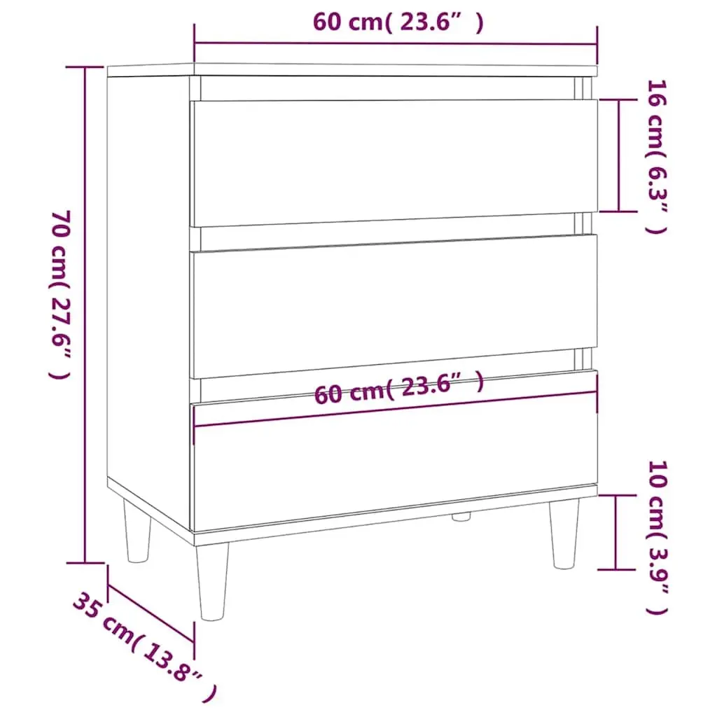 Sideboard White 60x35x70 cm Storage Cabinet 3 Drawers Engineered Wood