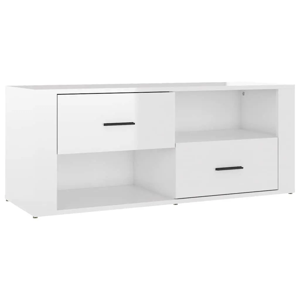 TV Cabinet White High Gloss Engineered Wood Media Storage Unit with Drawers