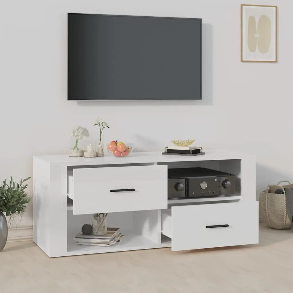 TV Cabinet White High Gloss Engineered Wood Media Storage Unit with Drawers