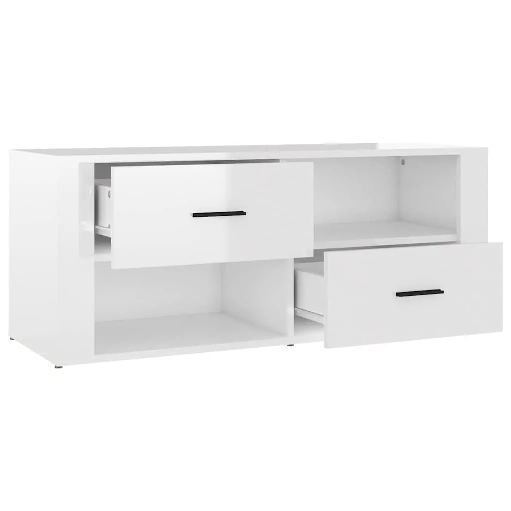 TV Cabinet White High Gloss Engineered Wood Media Storage Unit with Drawers