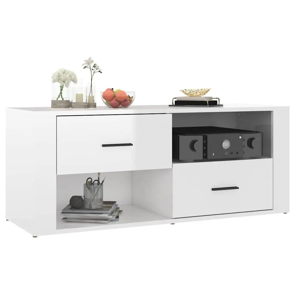 TV Cabinet White High Gloss Engineered Wood Media Storage Unit with Drawers