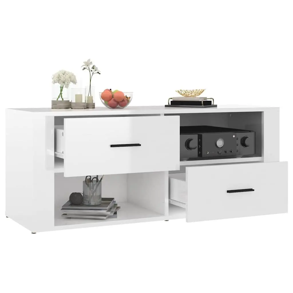 TV Cabinet White High Gloss Engineered Wood Media Storage Unit with Drawers