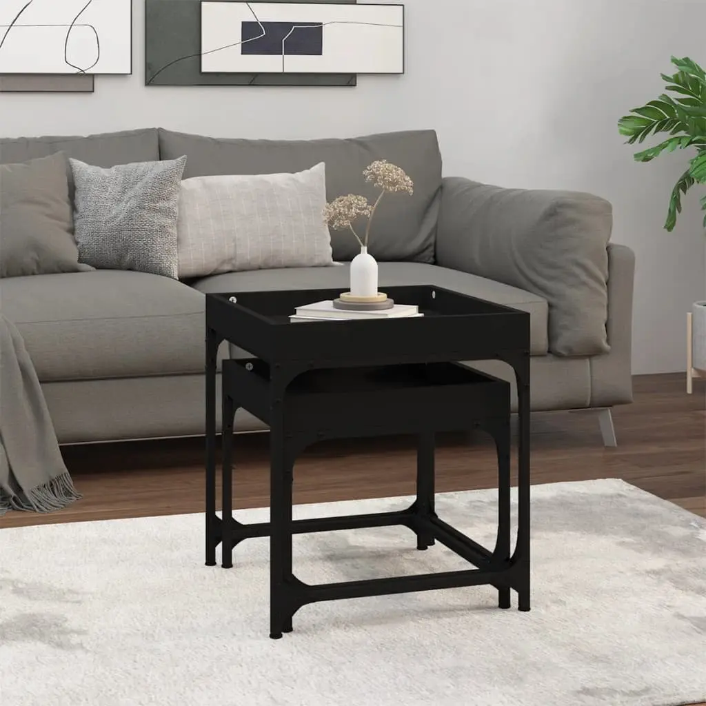 Side Tables 2 pcs Black Engineered Wood Steel Frame Coffee Accent Table Set