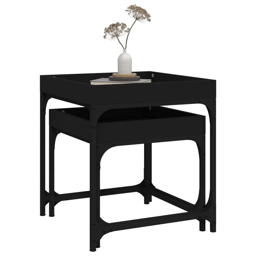 Side Tables 2 pcs Black Engineered Wood Steel Frame Coffee Accent Table Set