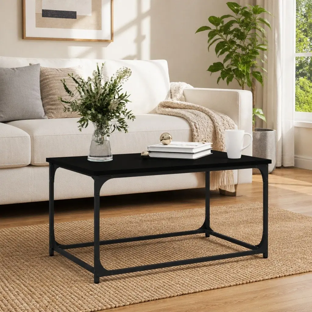Coffee Table Black Engineered Wood Iron Frame Living Room Accent Furniture 80L x 50W x 40H cm