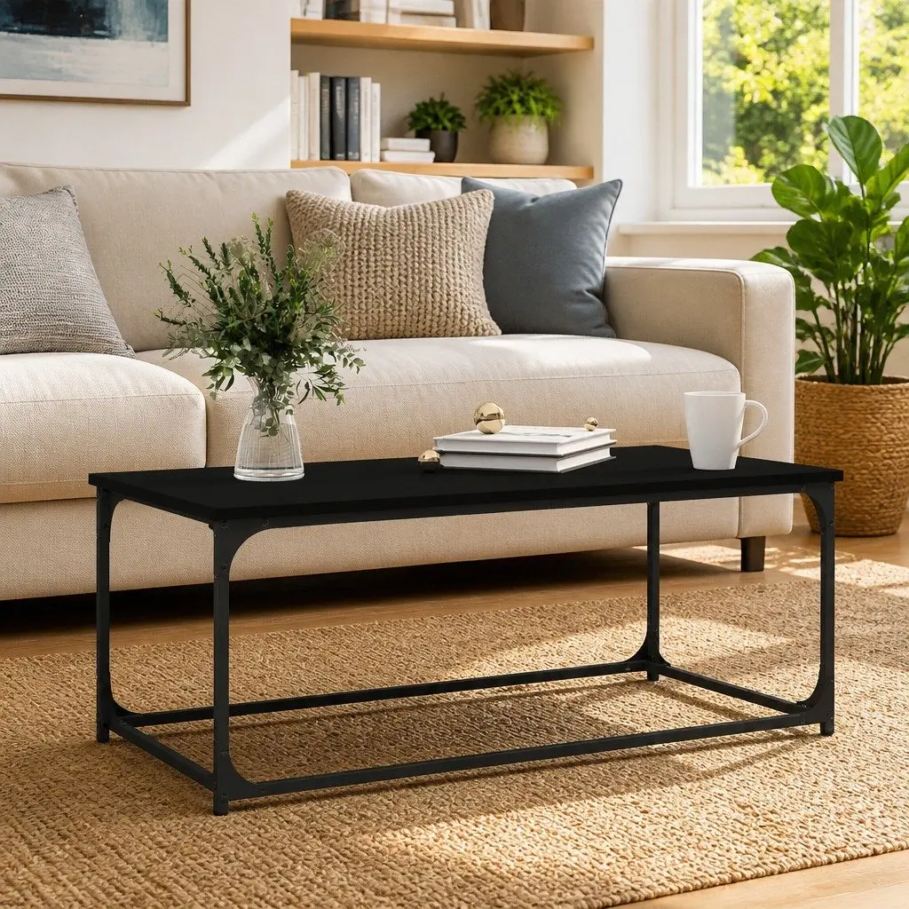 Coffee Table Black Engineered Wood Iron Frame Compact Accent Furniture