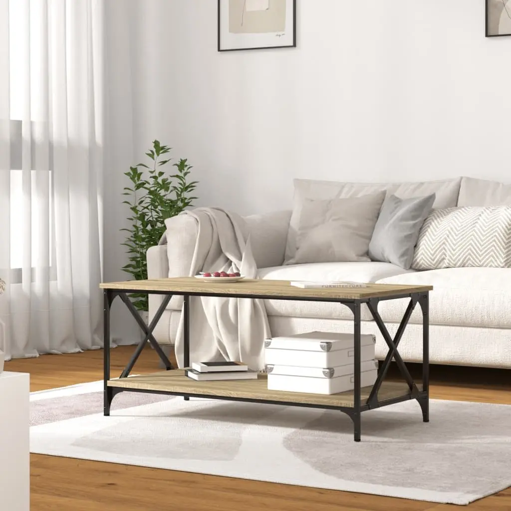 Coffee Table Brown Engineered Wood Open Shelf Iron Frame