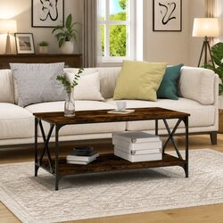 Compact Coffee Table with Storage Shelf, Brown Finish