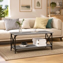 Compact Grey Coffee Table with Open Shelf Design