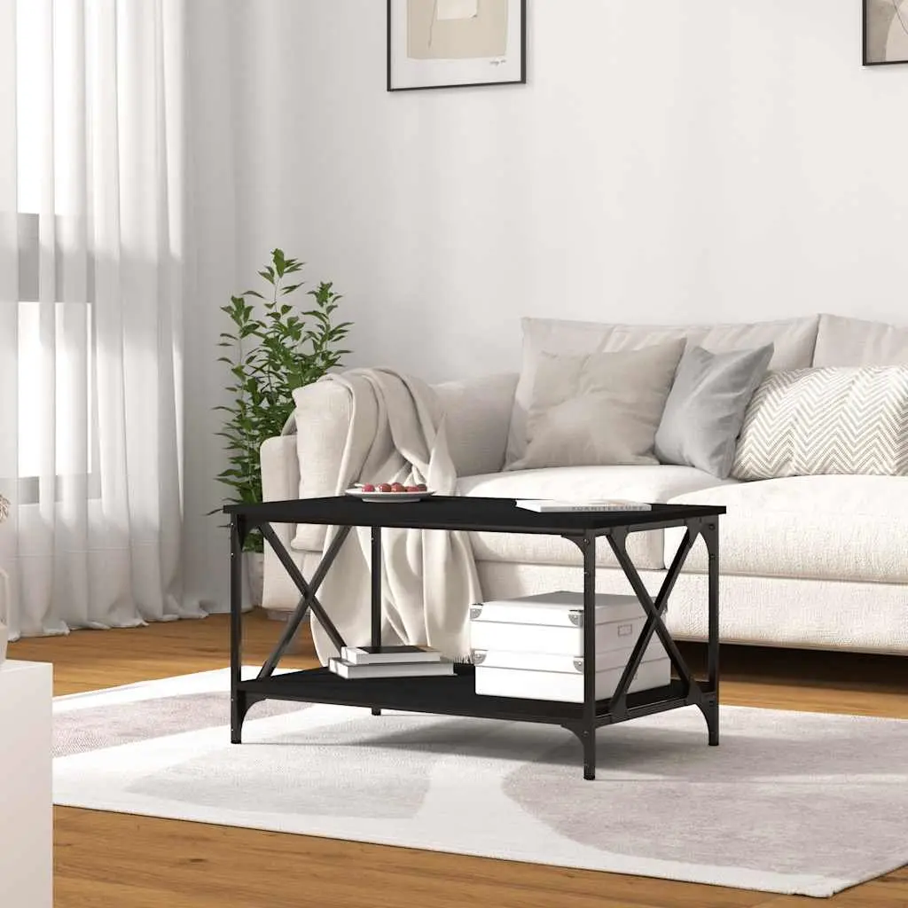 Coffee Table Black 80x50x45 cm Open Shelf Storage Engineered Wood Iron Frame