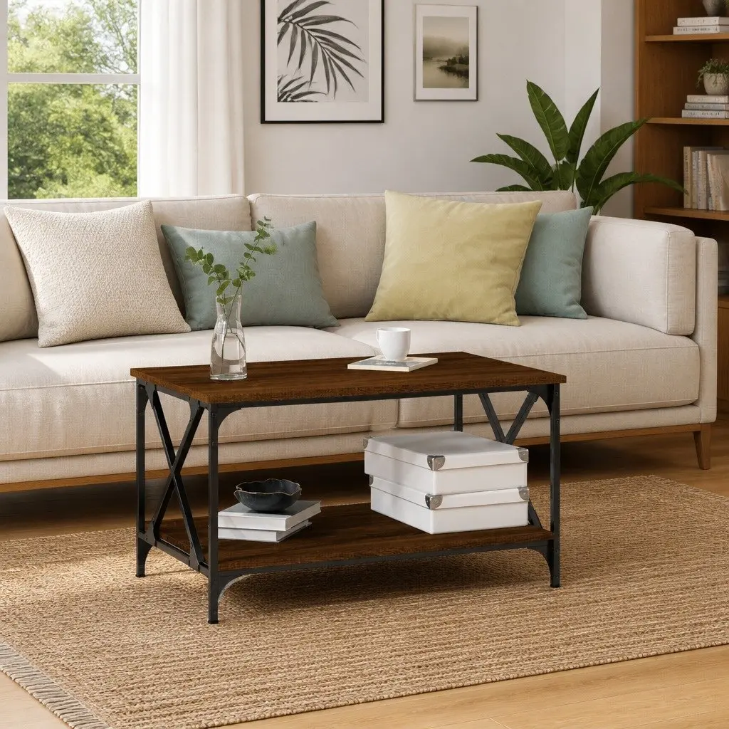 Coffee Table Brown Oak 80x50x45 cm Open Shelf Storage
