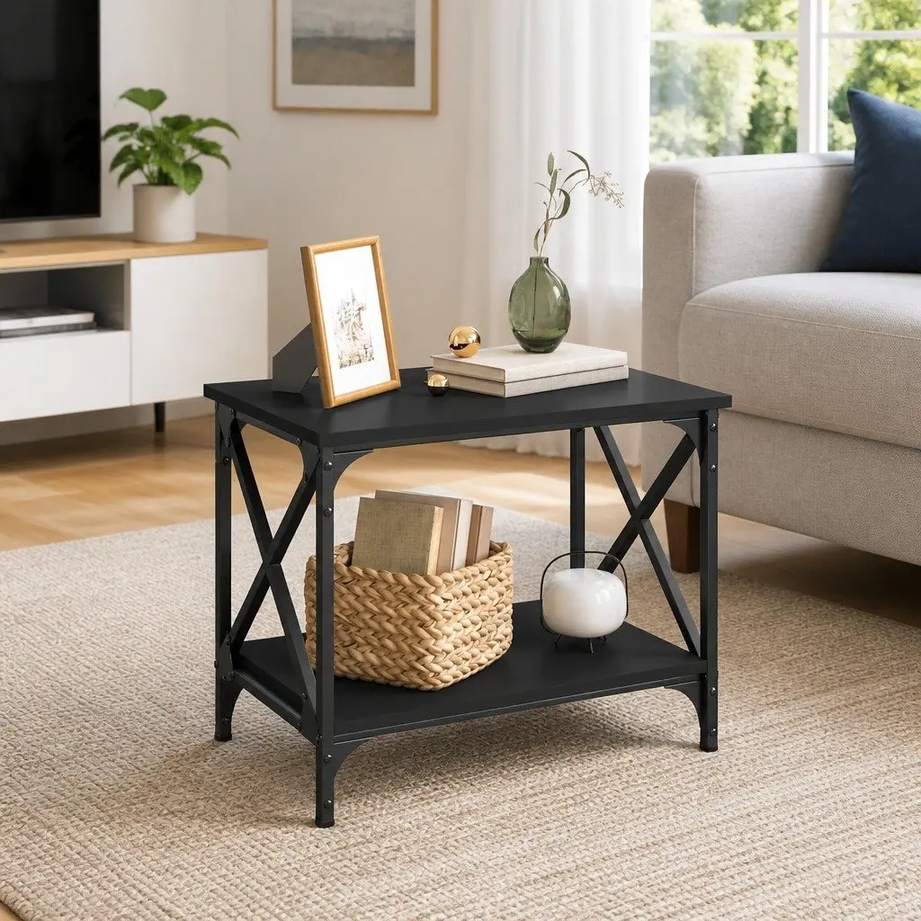 Side Table Black Engineered Wood Open Shelf Adjustable Legs Living Room Furniture