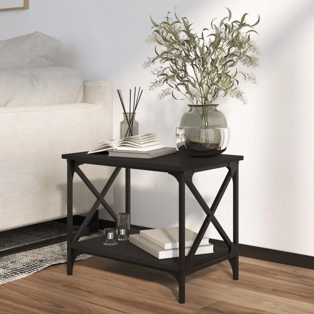 Side Table Black Engineered Wood Open Shelf Adjustable Legs Living Room Furniture