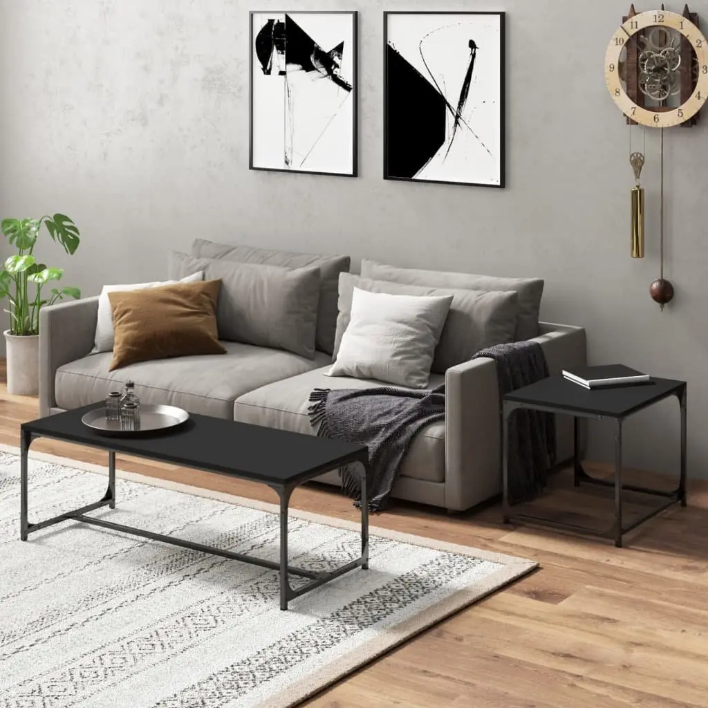Coffee Tables Black 2 pcs Industrial Storage Steel Frame Adjustable Legs