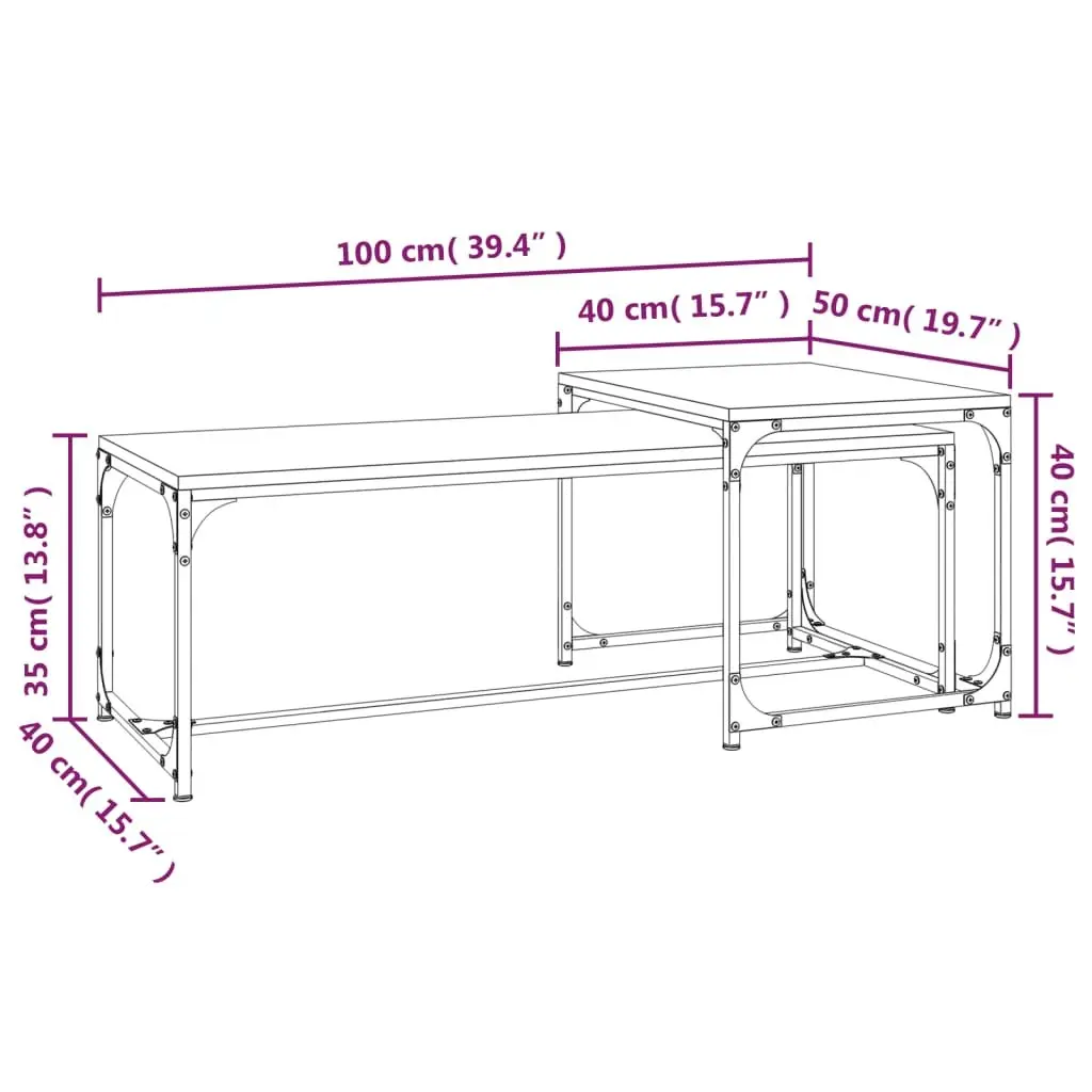Coffee Tables Black 2 pcs Industrial Storage Steel Frame Adjustable Legs