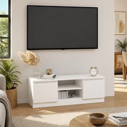 TV Cabinet with Door White Storage Unit Living Room Media Console Organizer