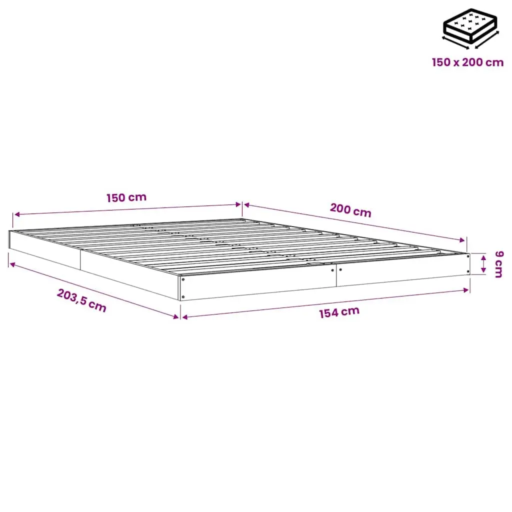 Bed Frame White 150x200 cm Solid Wood Pine Wooden Slatted Base Modern Bedroom
