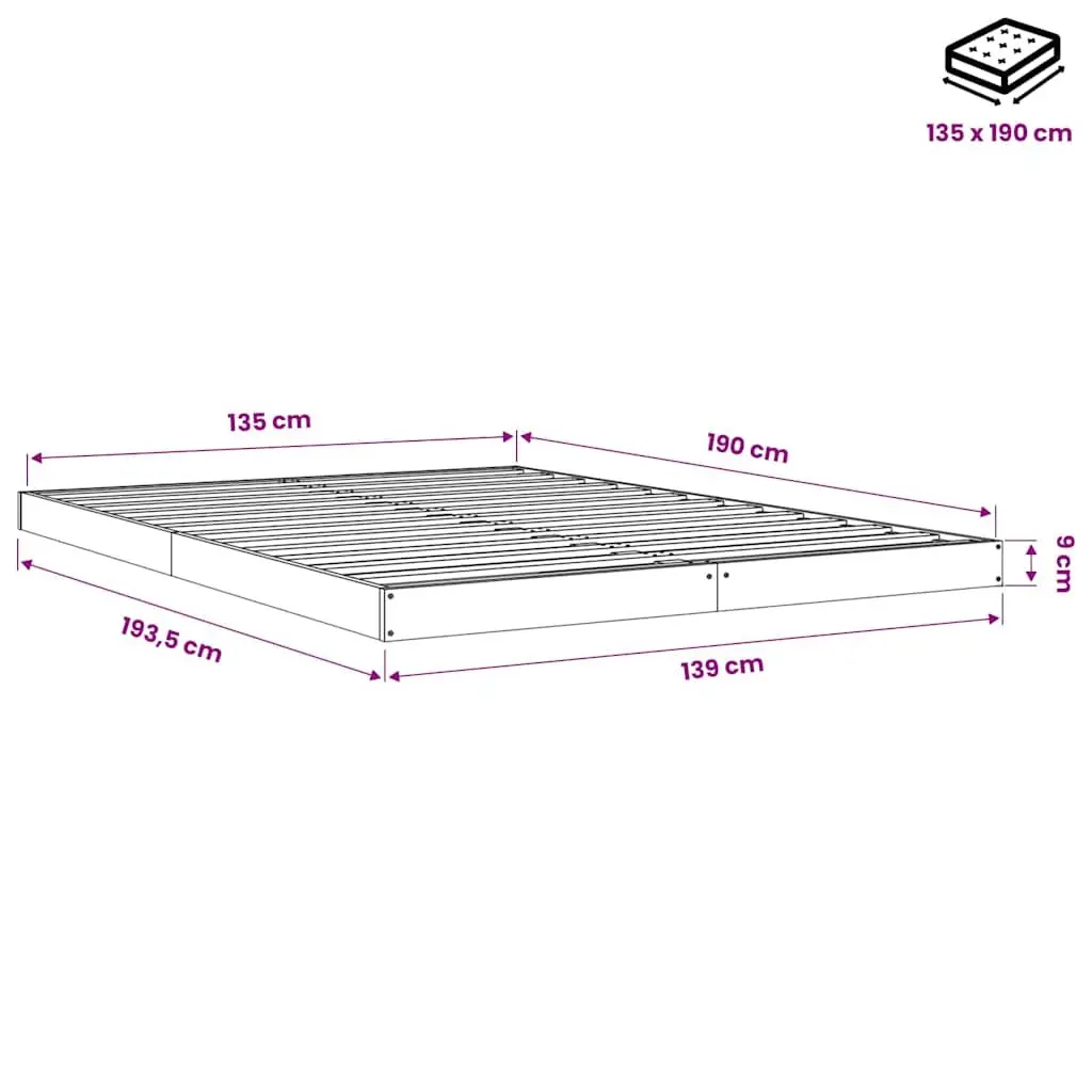 White Bed Frame 135x190 cm in Solid Pine Wood