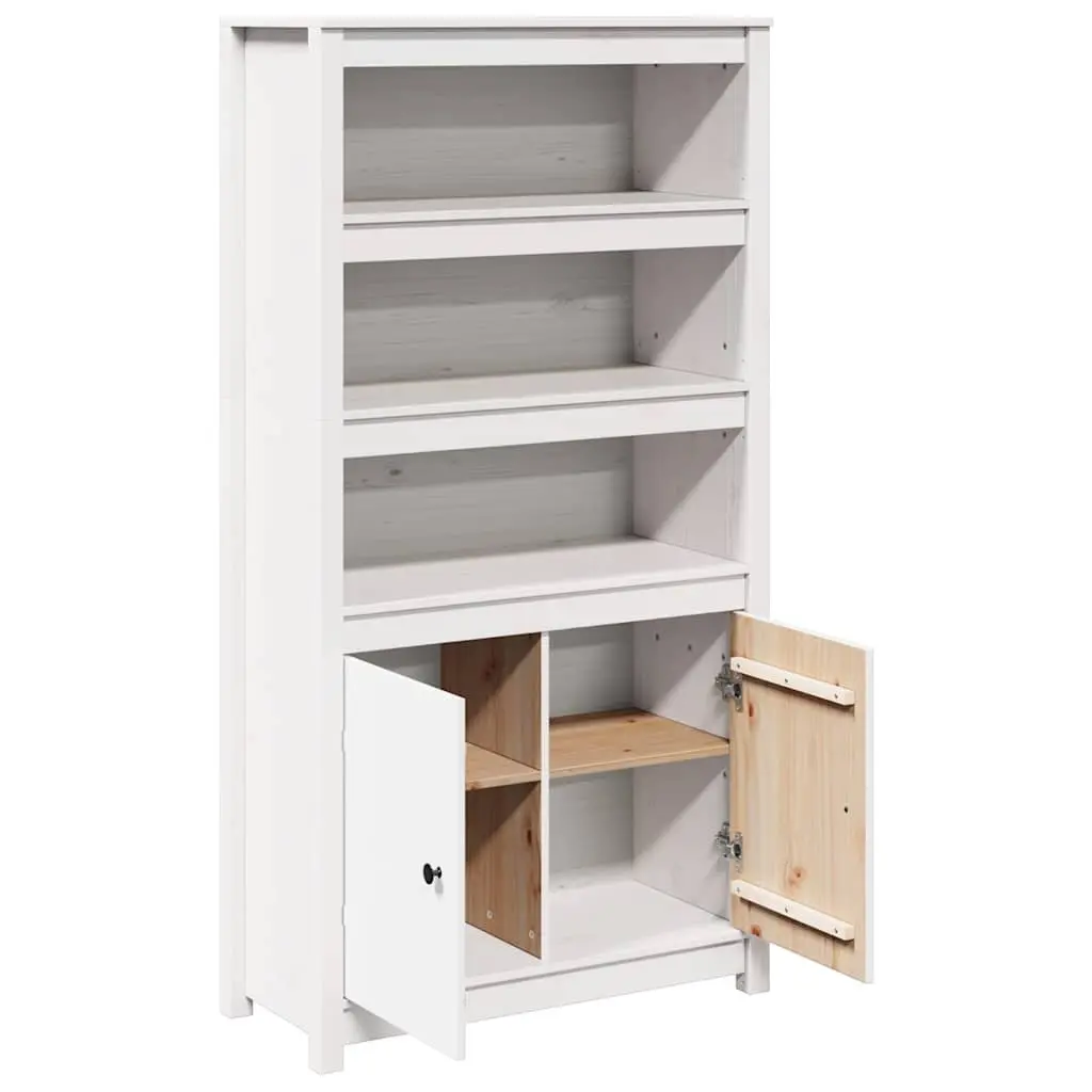 Highboard White Solid Pine Wood Storage Cabinet with 3 Open Compartments and 2 Doors