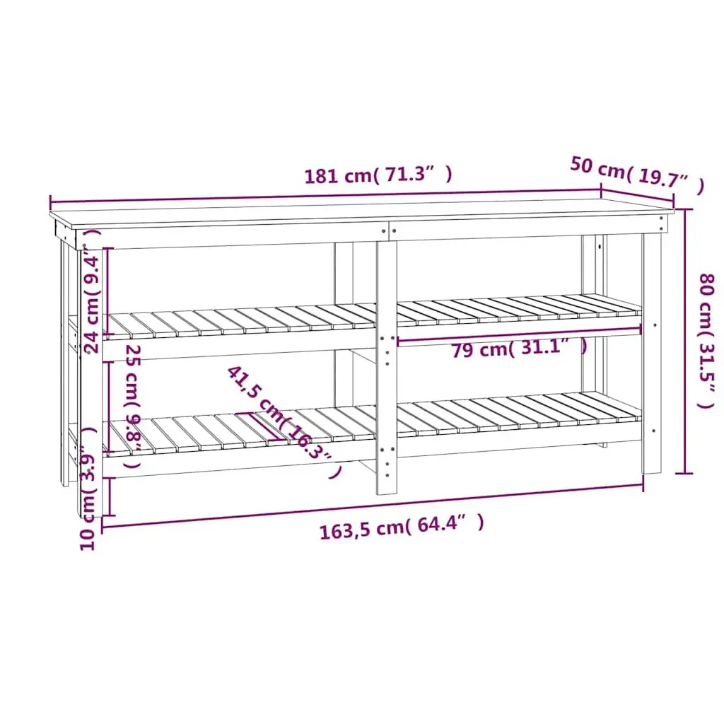 Work Bench Brown Solid Wood Pine 181x50x80 cm Sturdy Frame with Storage Shelves