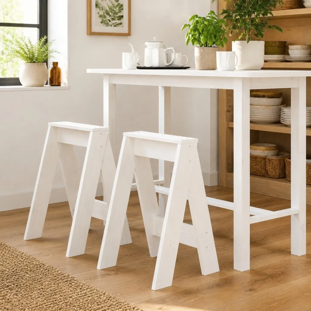 2-Piece Wooden Stools in White