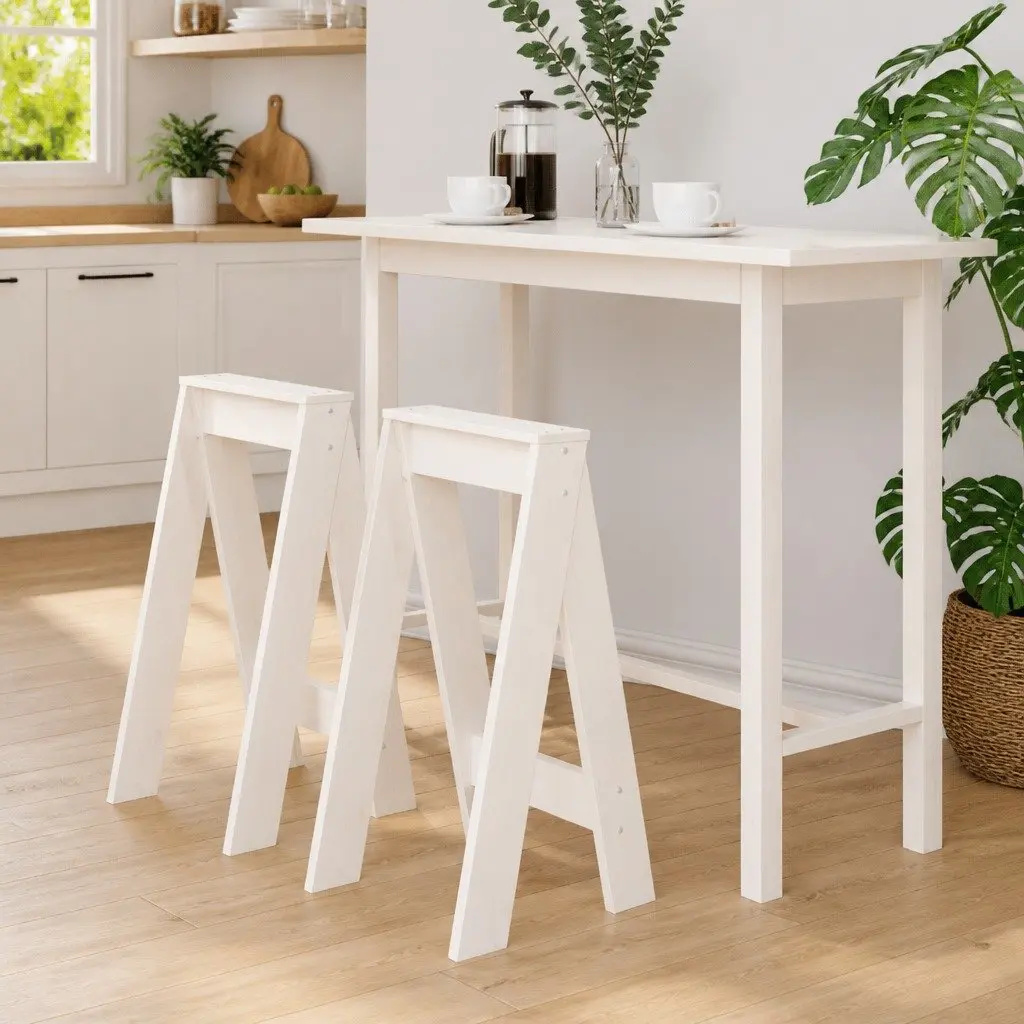 Set of 2 Sturdy White Wooden Stools for Dining or Bar Use