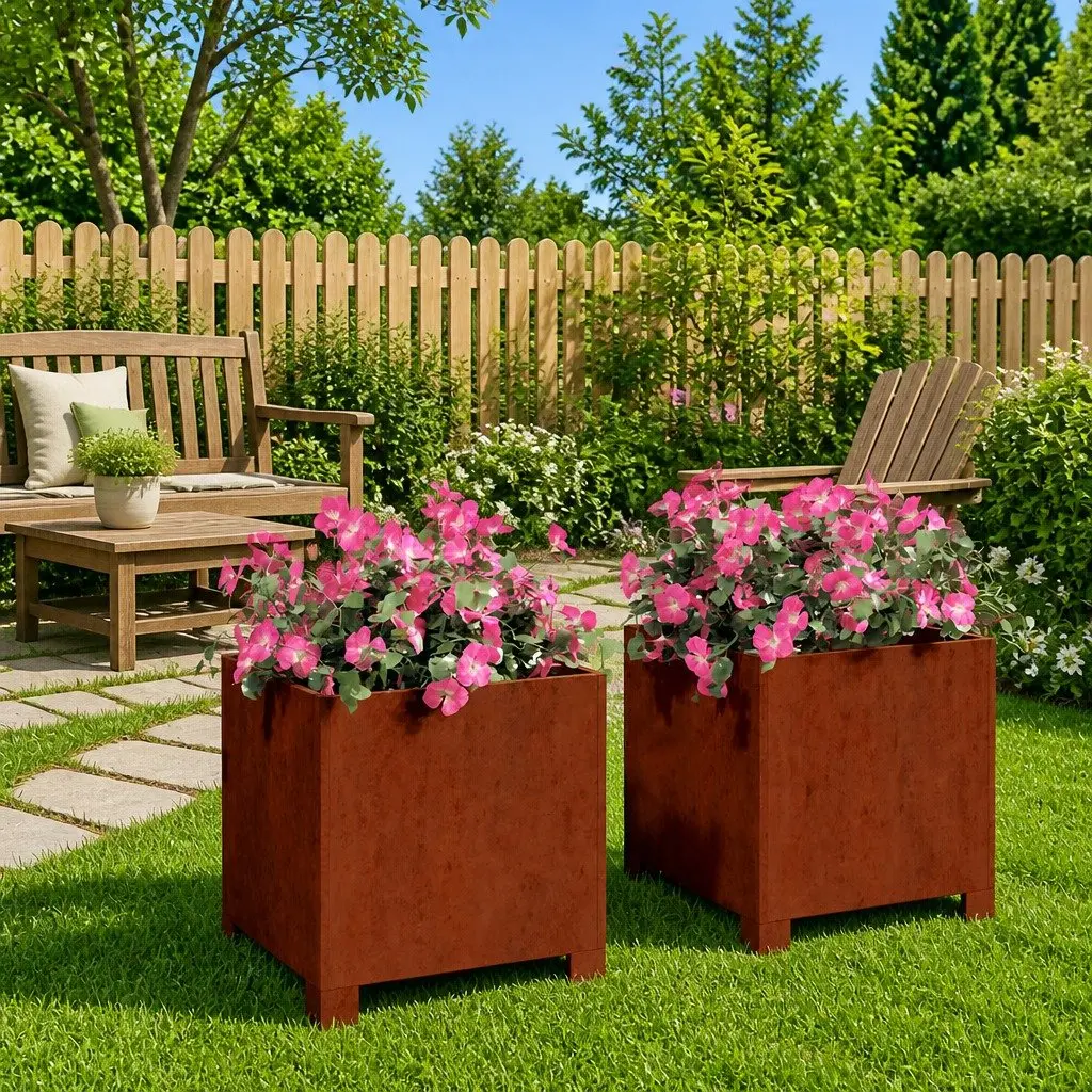 Planters with Legs Brown 30x30x30 cm Durable Corten Steel Outdoor Raised Flower Box Set of 2