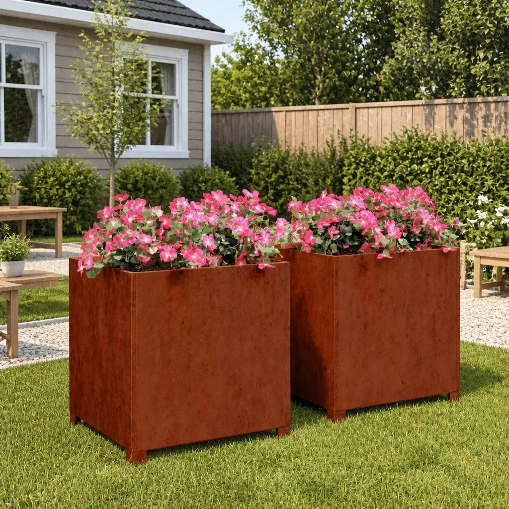 Planters with Legs Brown 50x50x50 cm Corten Steel Garden Raised Bed 2 Piece