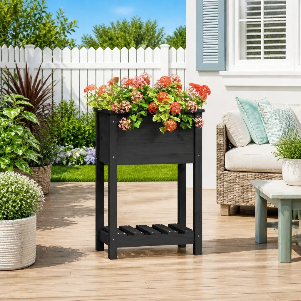 Raised Garden Flower Box Grey Wooden Planter with Shelf Solid Pine Ergonomic Height 54 x 34.5 x 81 cm
