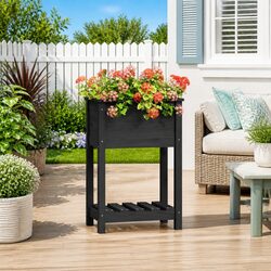 Wooden Planter with Shelf Grey Solid Pine Raised Garden Flower Box Pot
