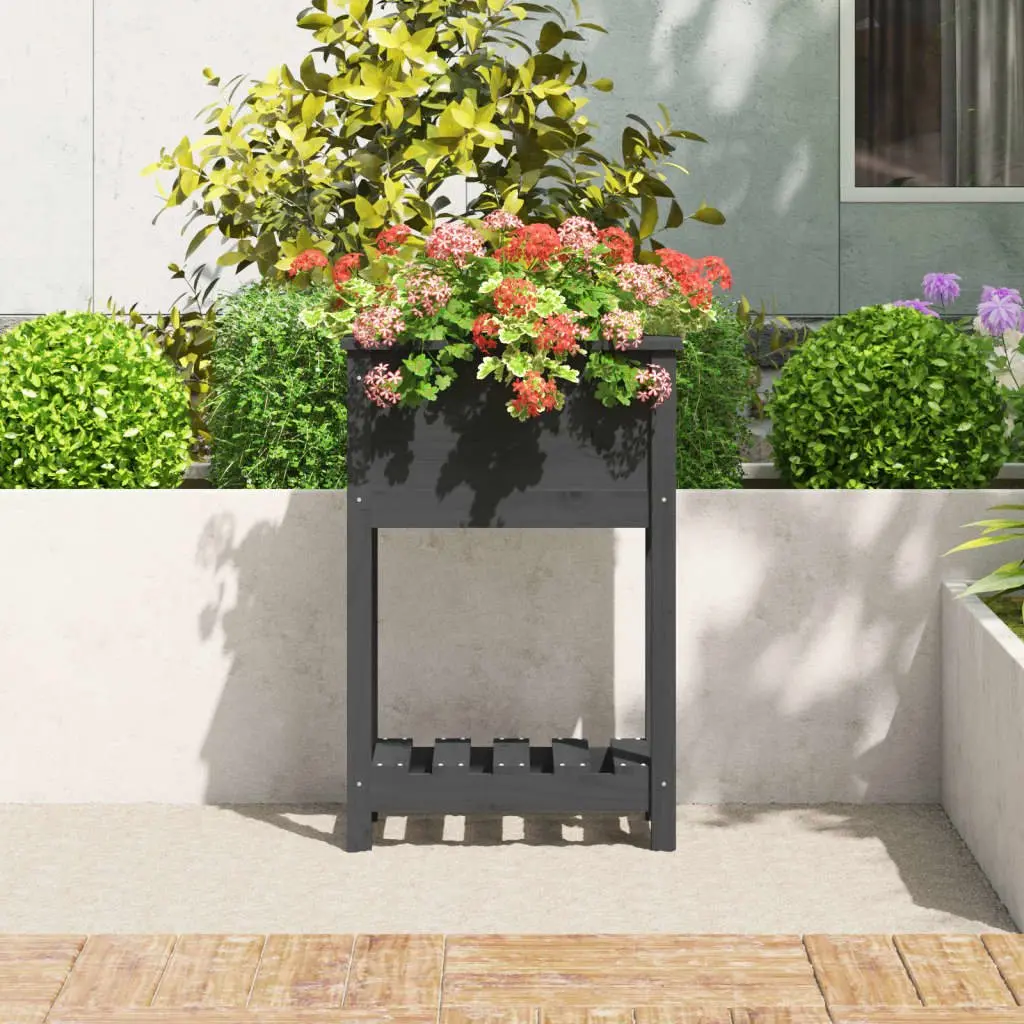 Raised Garden Flower Box Grey Wooden Planter with Shelf Solid Pine Ergonomic Height 54 x 34.5 x 81 cm