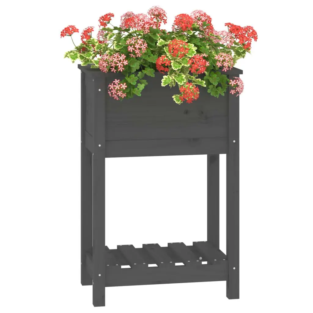 Raised Garden Flower Box Grey Wooden Planter with Shelf Solid Pine Ergonomic Height 54 x 34.5 x 81 cm