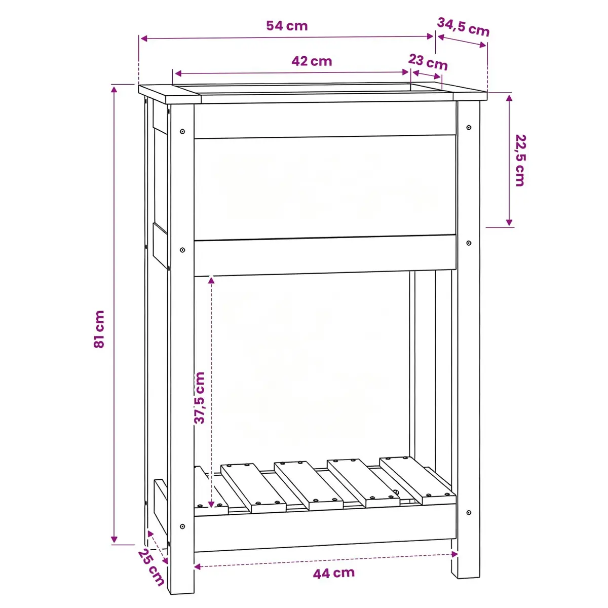 Raised Garden Flower Box Grey Wooden Planter with Shelf Solid Pine Ergonomic Height 54 x 34.5 x 81 cm