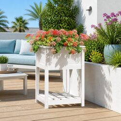Wooden Planter with Shelf White 54x54x81cm Raised Garden Flower Pot Raised Bed