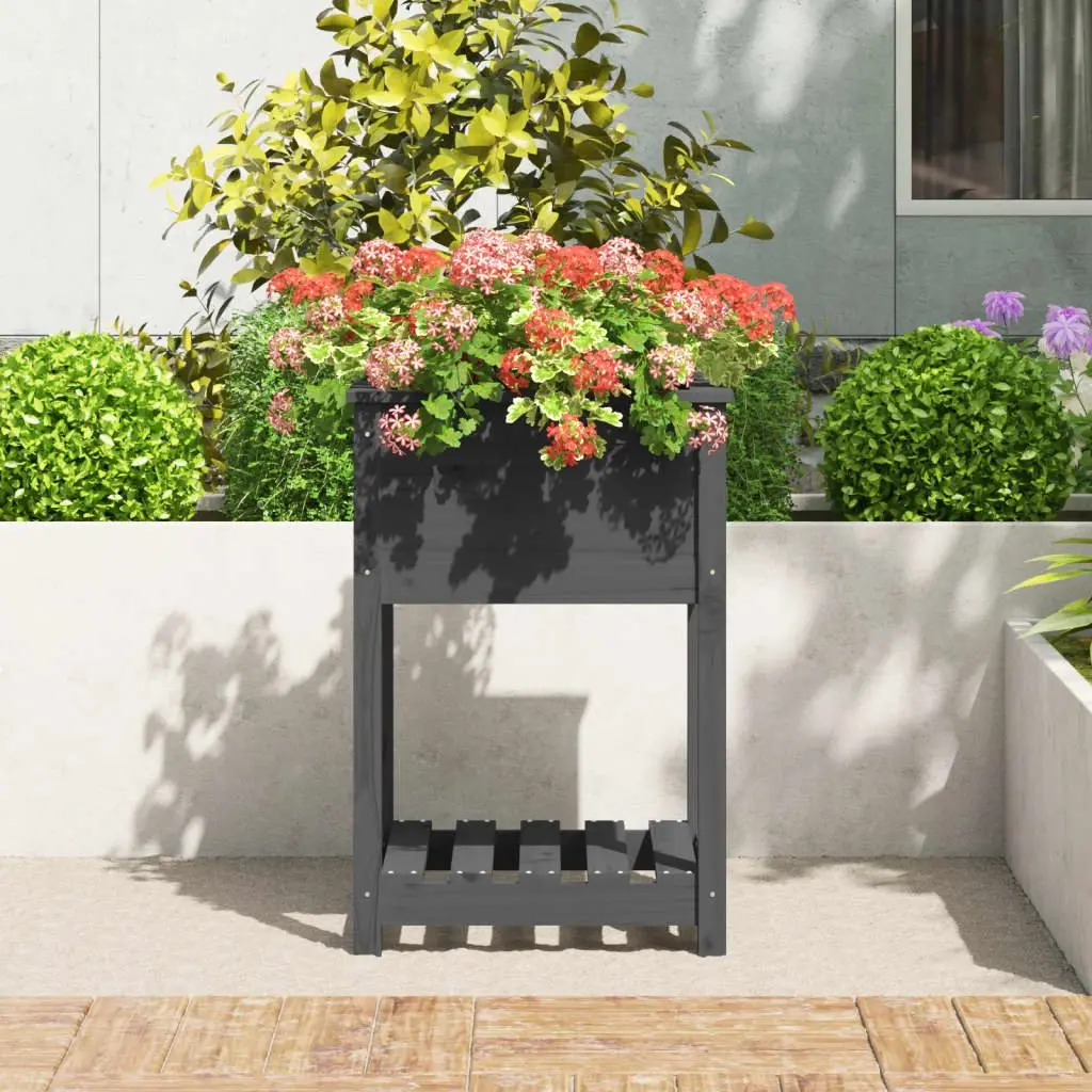 Wooden Planter Grey Solid Pine Raised Bed with Shelf