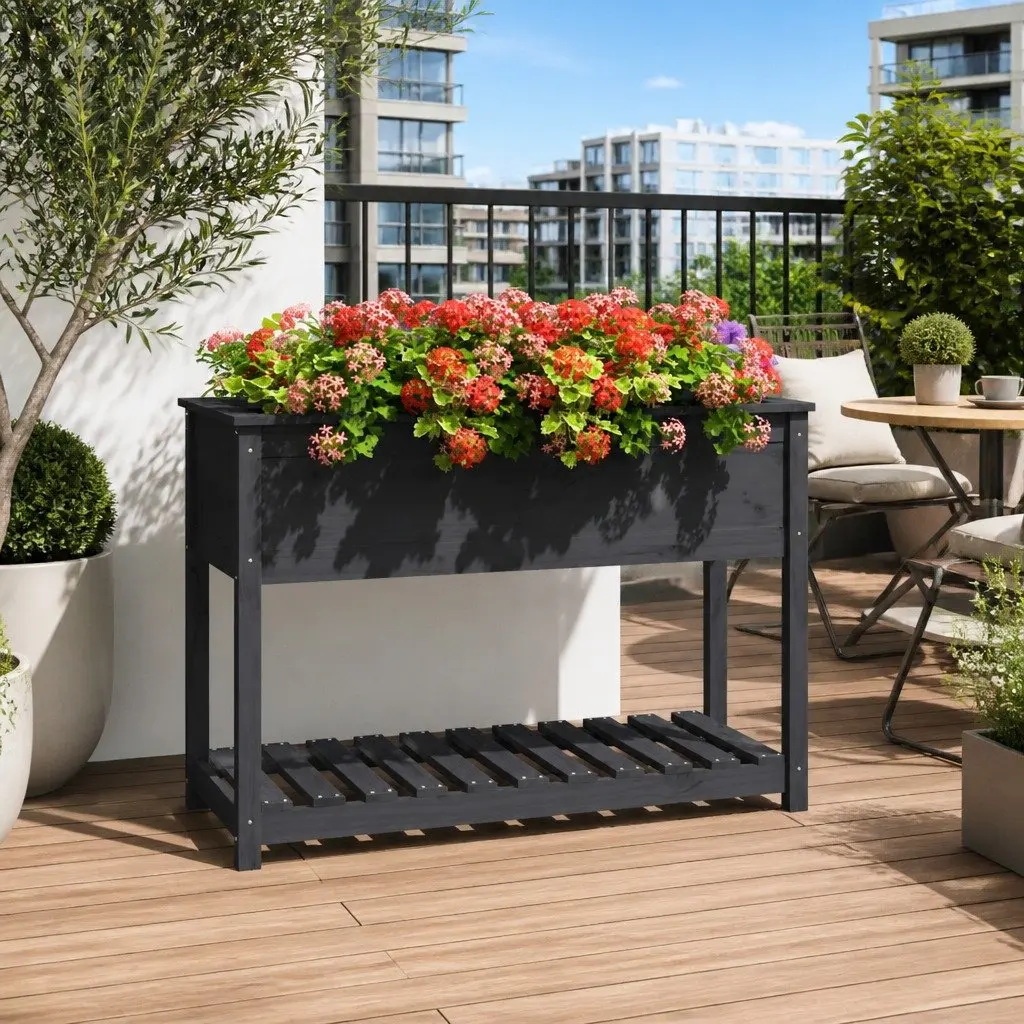 Wooden Garden Planter with Shelf Storage Grey Raised Flower Box Bed