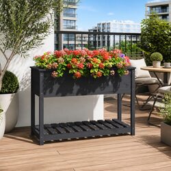 Wooden Garden Planter with Shelf Storage Grey Raised Flower Box Bed