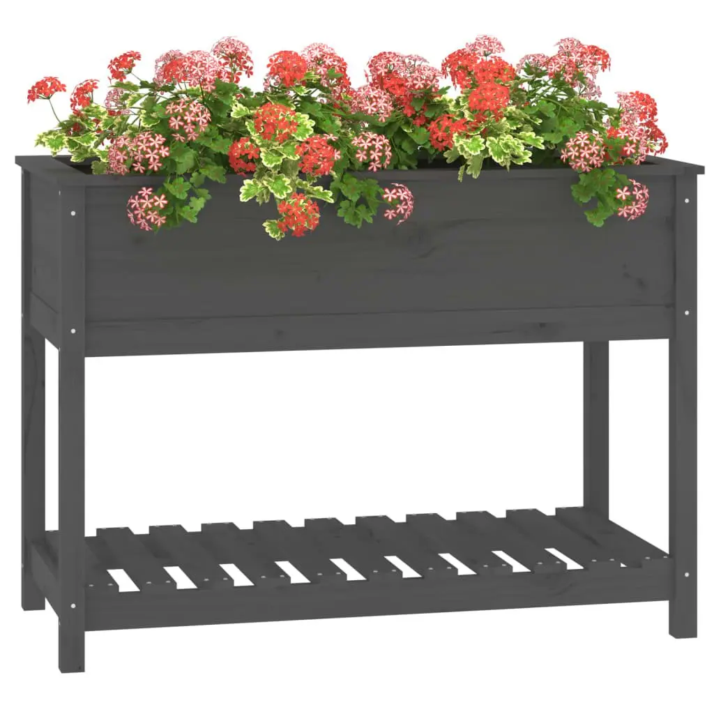 Wooden Garden Planter with Shelf Storage Grey Raised Flower Box Bed