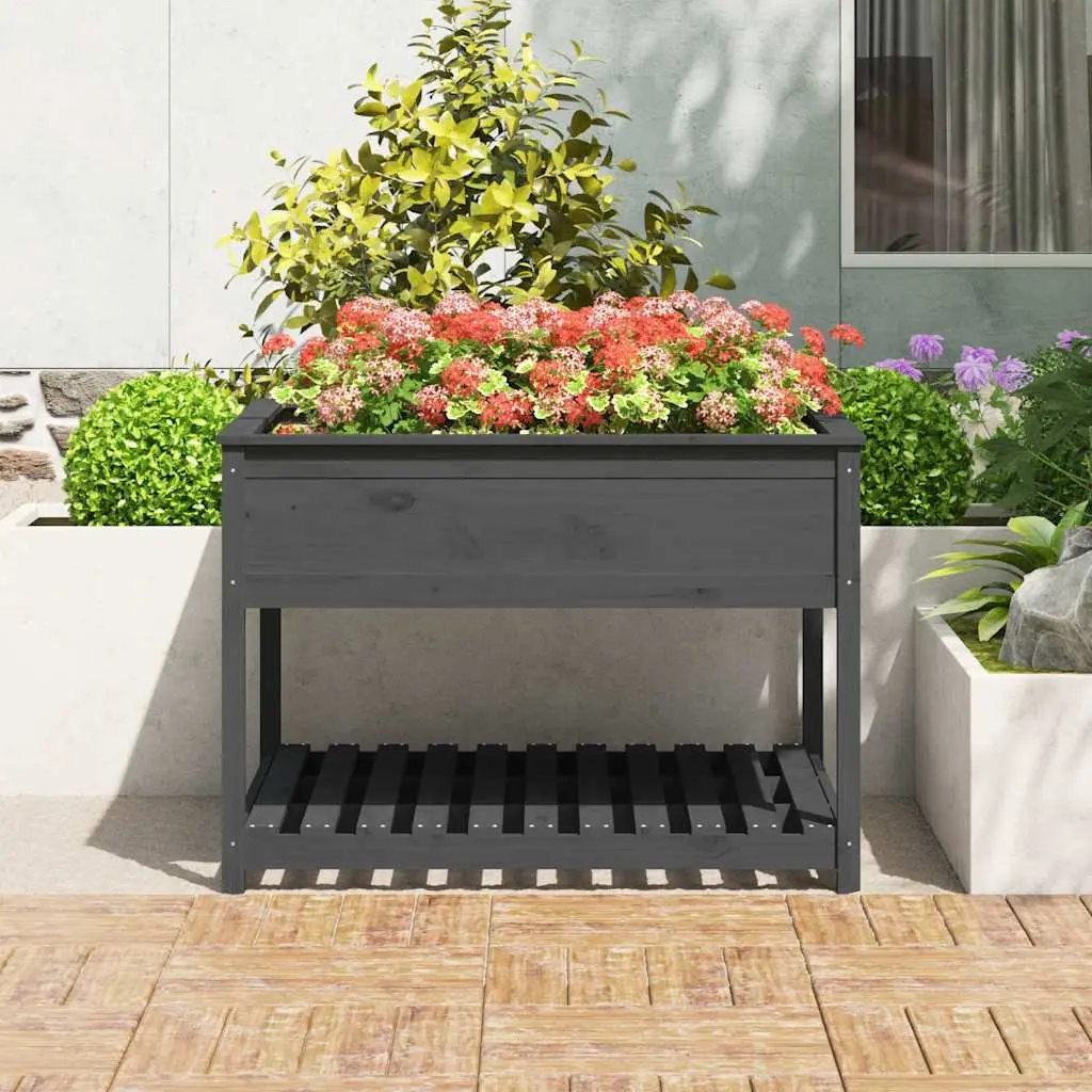 Grey Wooden Raised Flower Box Planter with Shelf Storage Solid Pine 1115x1115x810mm