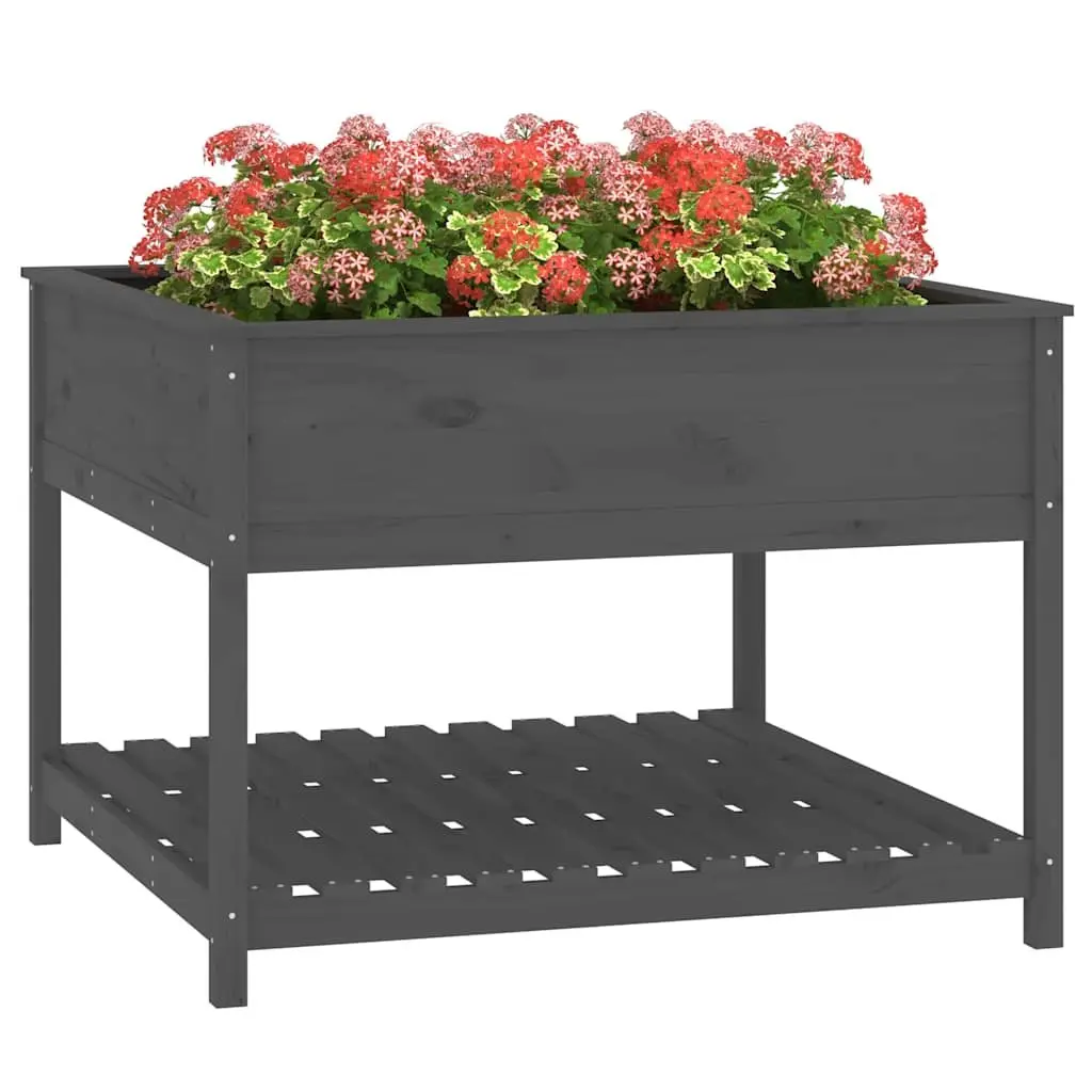 Grey Wooden Raised Flower Box Planter with Shelf Storage Solid Pine 1115x1115x810mm