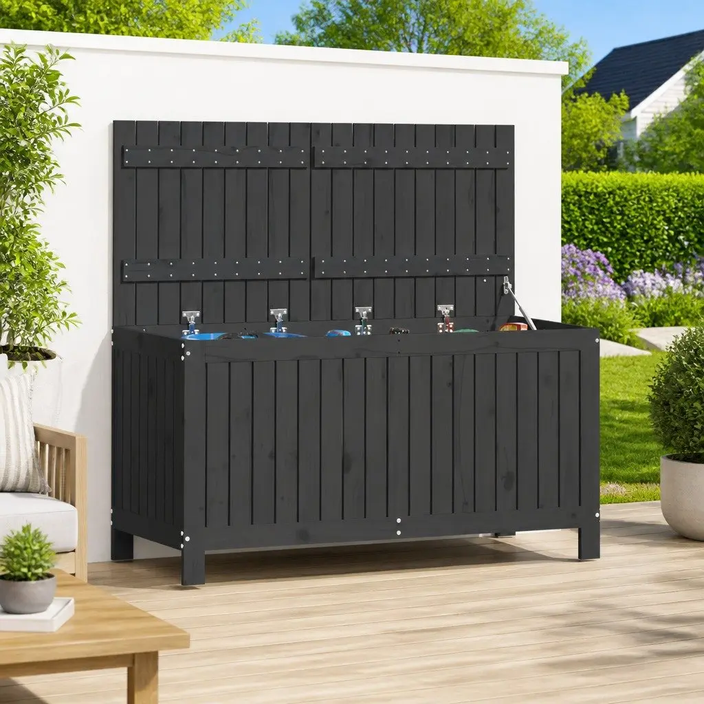 Garden Storage Box Grey Outdoor Wooden Solid Pine Wood Deck Tool Shed Furniture