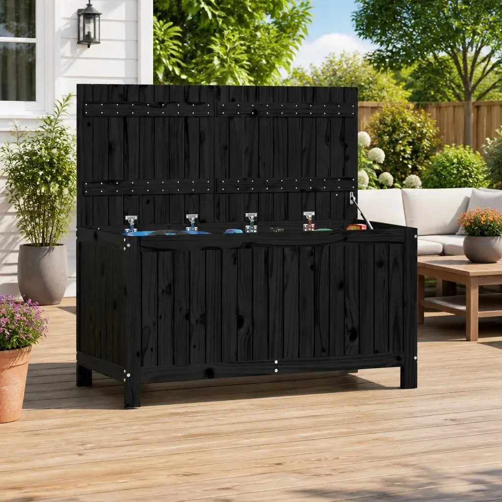 Garden Storage Box Black Outdoor Wooden Deck Box with Hydraulic Lid Solid Pine
