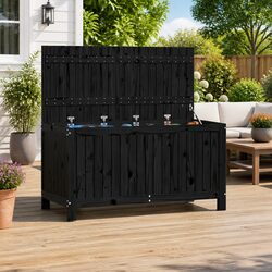 Garden Storage Box Black Outdoor Wooden Deck Box with Hydraulic Lid Solid Pine