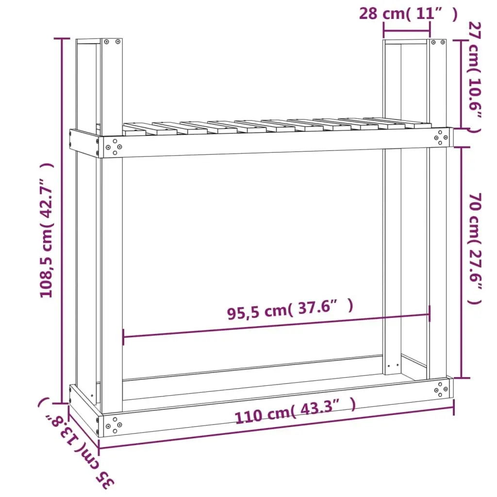Firewood Rack Black Log Storage Holder Stand Solid Pine Wood 110x35x108.5 cm