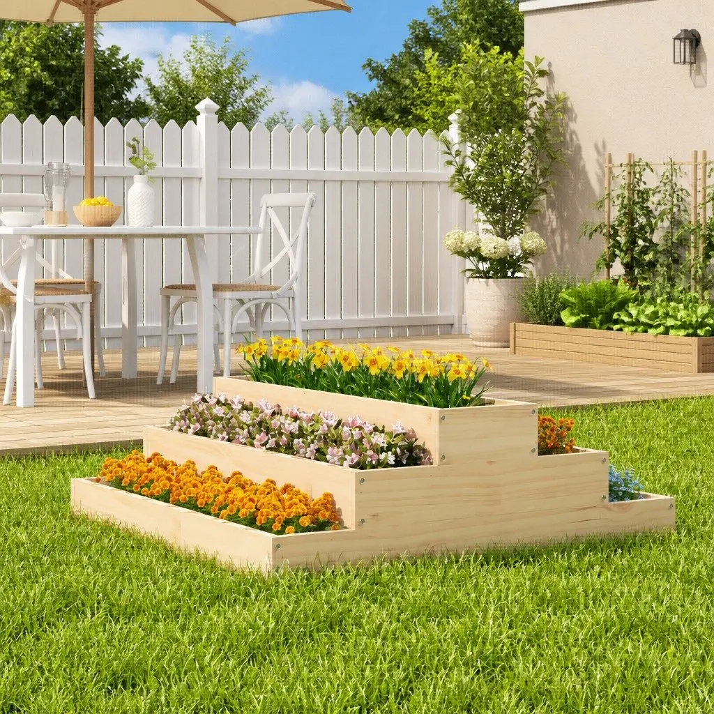Wooden Planter Box 80x80x27 cm Raised Garden Bed Stair-Step Design Outdoor
