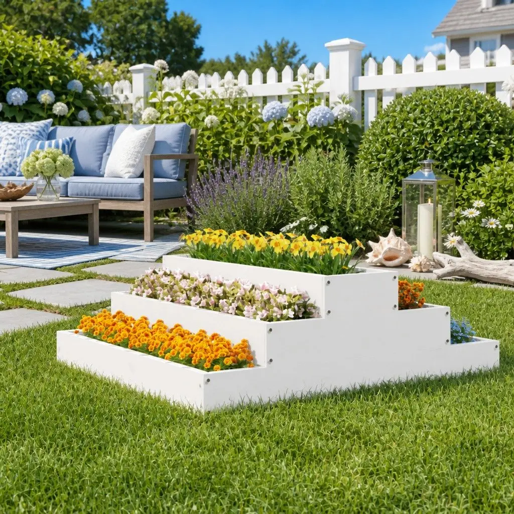 Wooden Planter Pot White 80x80x27cm Stair-Step Design Raised Flower Bed