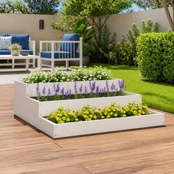 Wooden Planter Box White 78x78x27cm Raised Garden Bed Stair Step Design